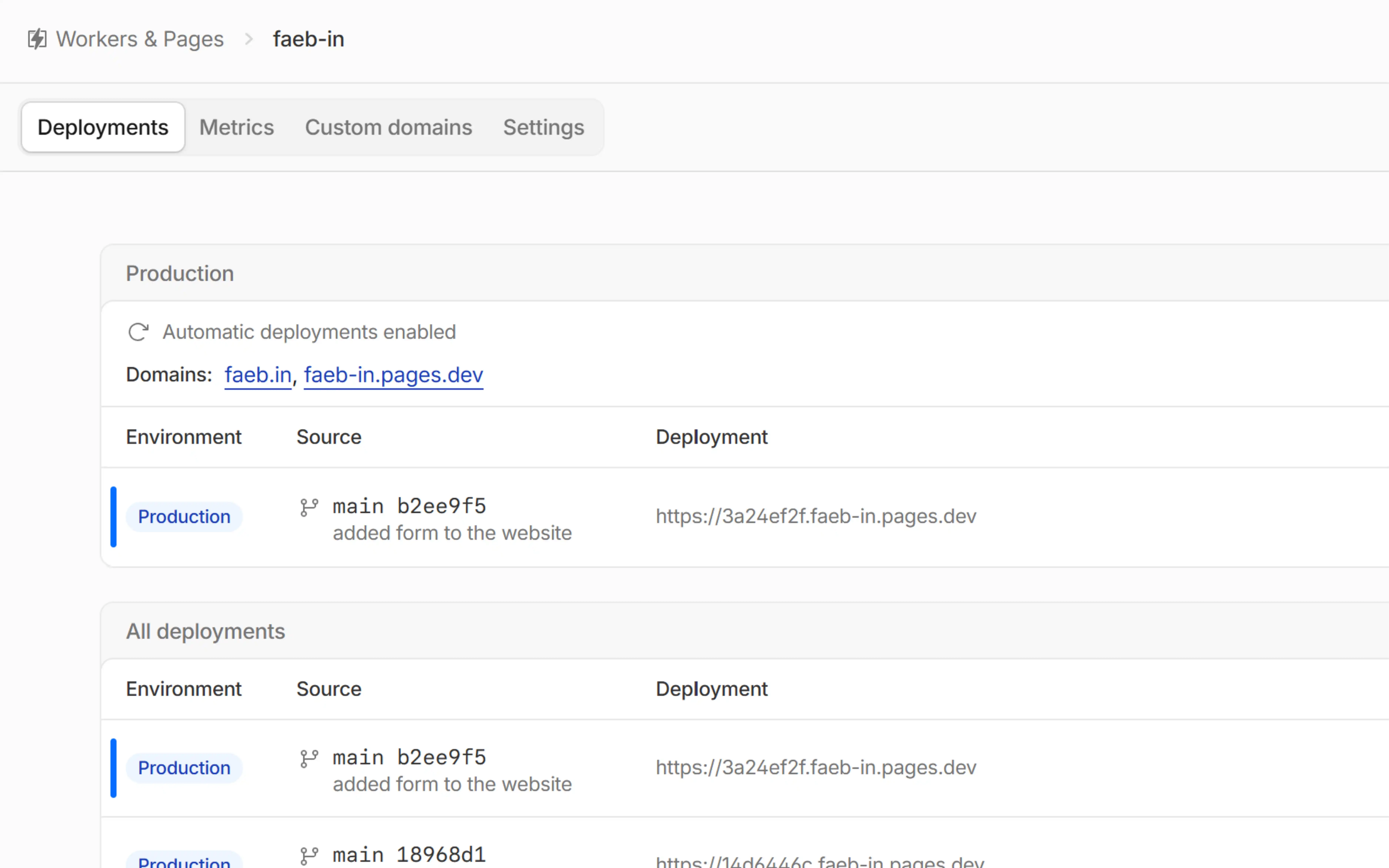 Cloudflare Pages deployment list showing a successful build